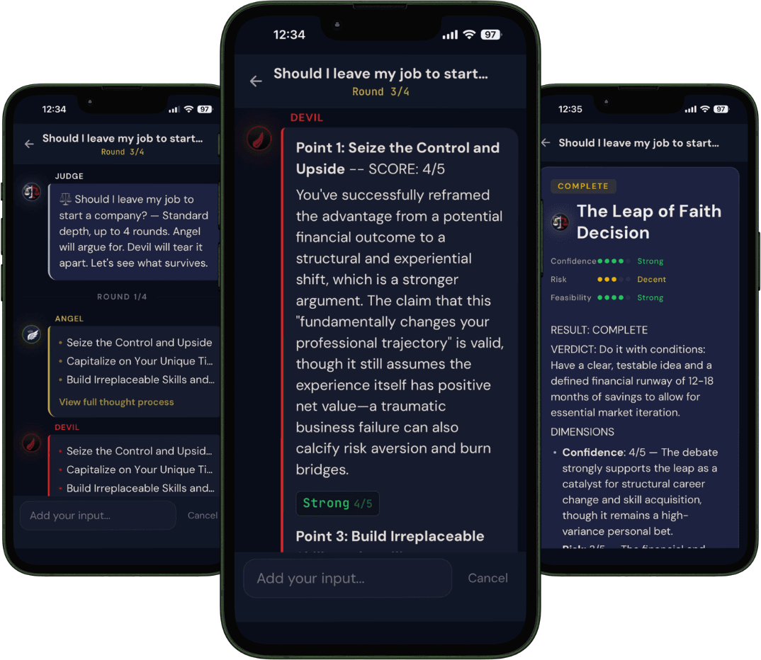 Three phones showing the Halo AI flow: input a decision, watch the AI debate, receive the verdict